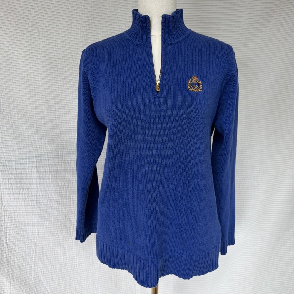 LRL Ralph Lauren Blue Logo Crest 1/2 Zip Rib Knit Sweater Pullover Women PM